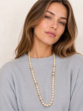 J.Crew Long Strand‎ Faux Pearl Necklace Gold Rhinestone Accents